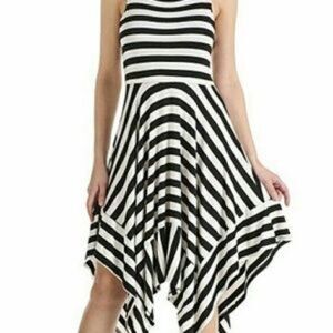 Asymmetrical Monteau Black & White Striped Dress